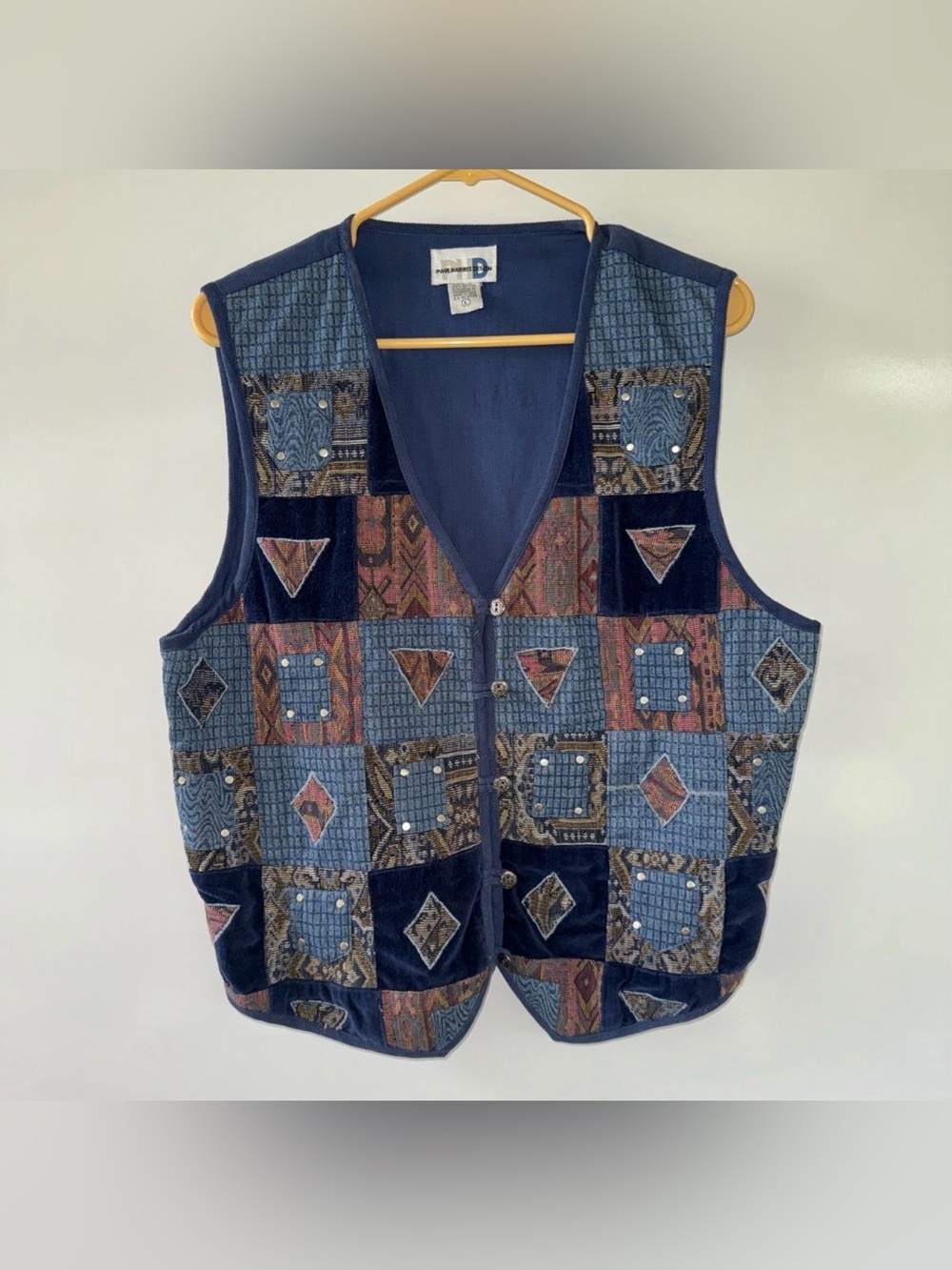 Vintage Paul Harris Design PHD Denim Embroidered Weaved Corduroy Vest Boho Large